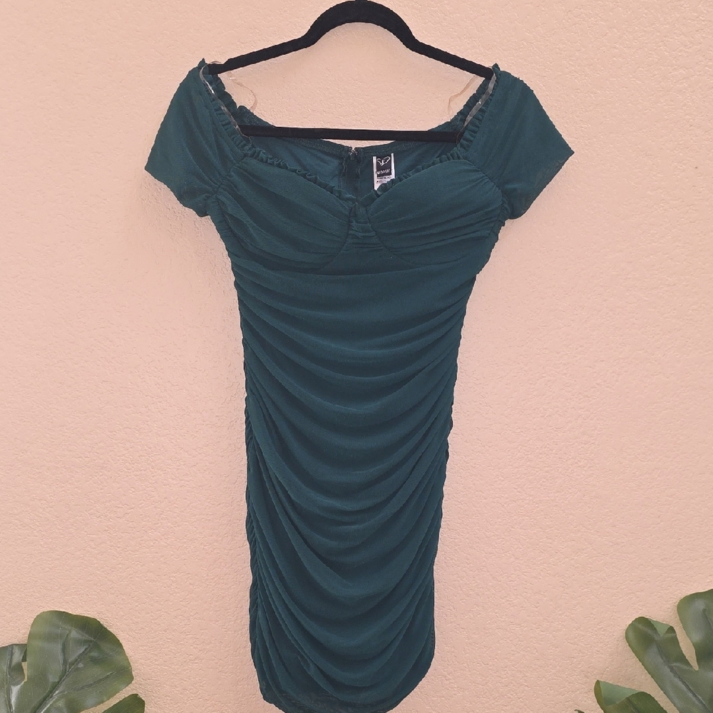 Windsor Emerald Off-Shoulder Ruched Mini Dress